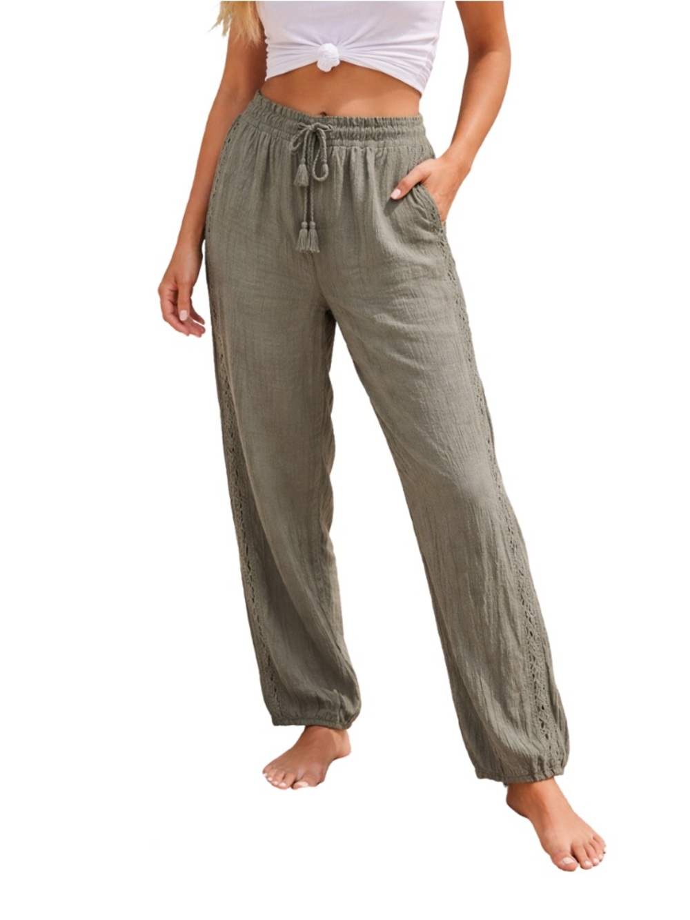 Aerie Olive Gauze Boho Pants w/ Crochet Side Detail, XL